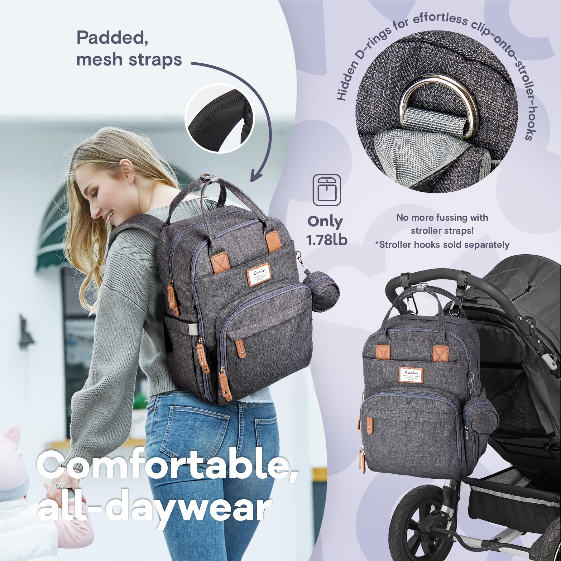 RUVALINO diaper bag stroller strap compatibility enables hands-free travel.