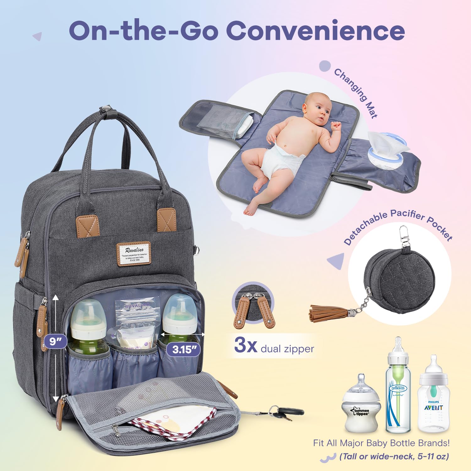 RUVALINO diaper bag with stroller straps for hands-free strolling.