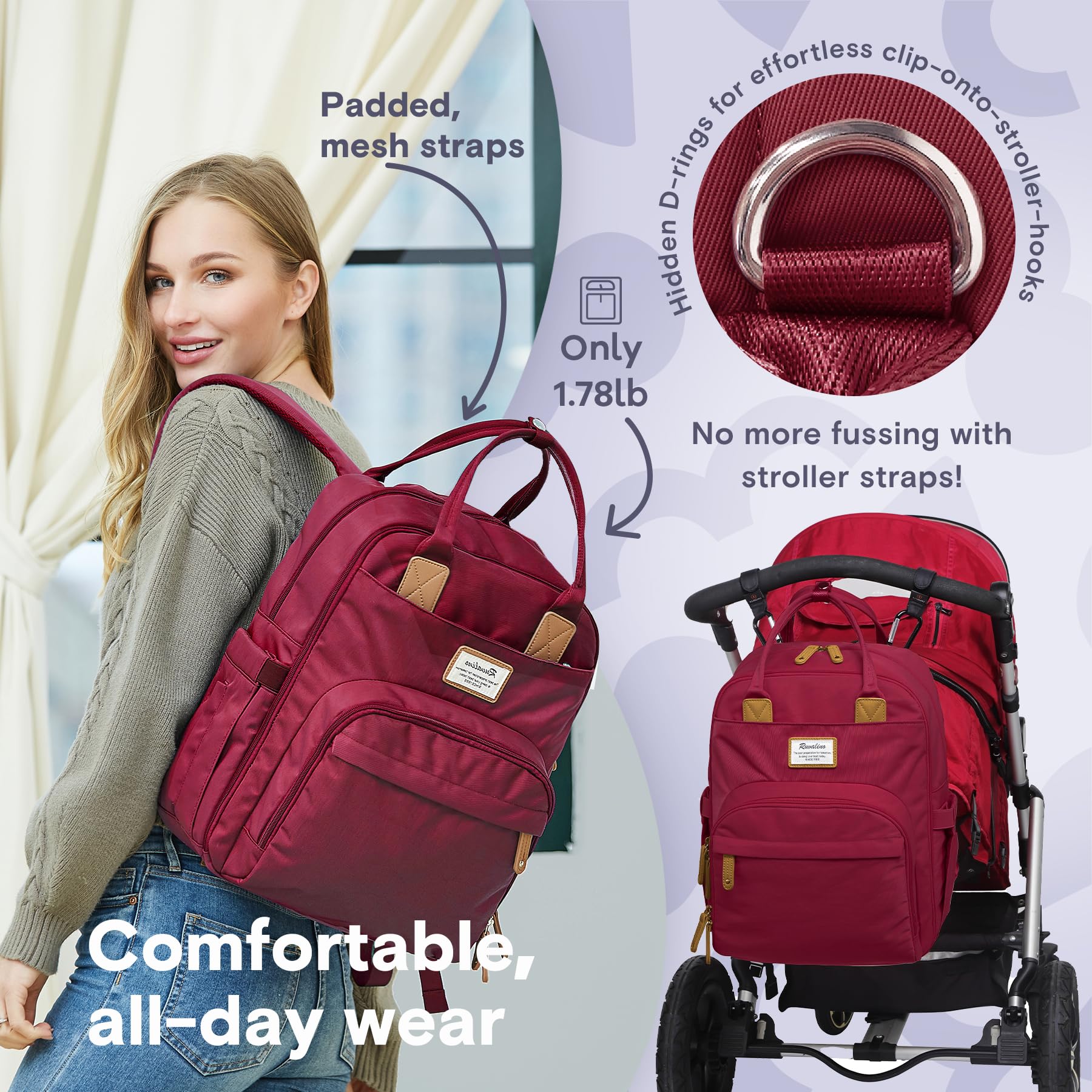 RUVALINO waterproof fabric and reinforced seams ensure durability during daily use.
