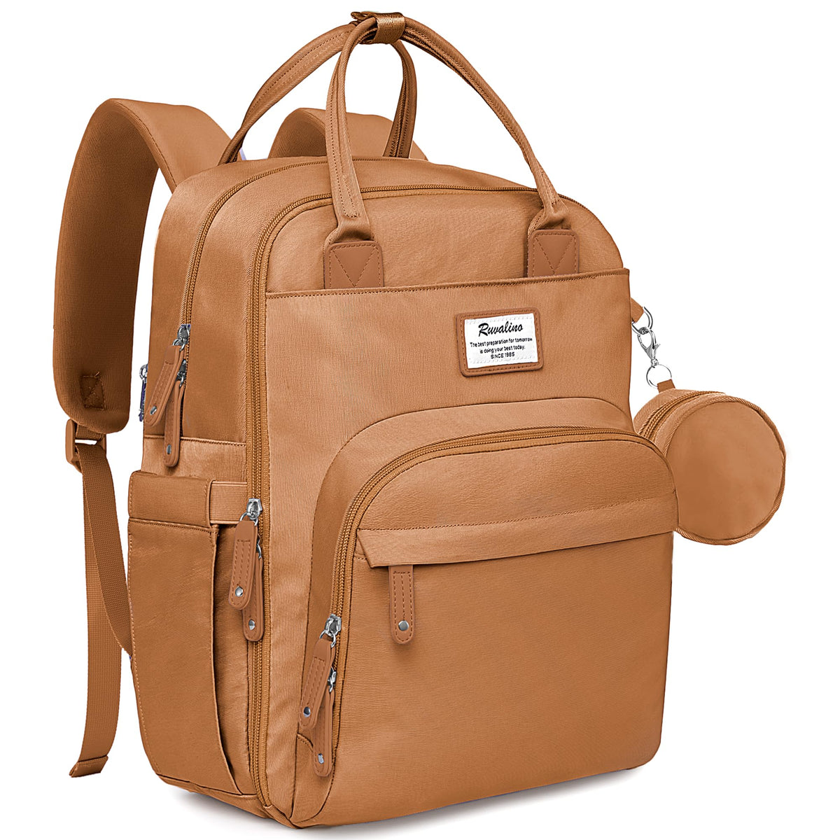 RUVALINO diaper bag backpack with a wide opening for quick access to essentials.