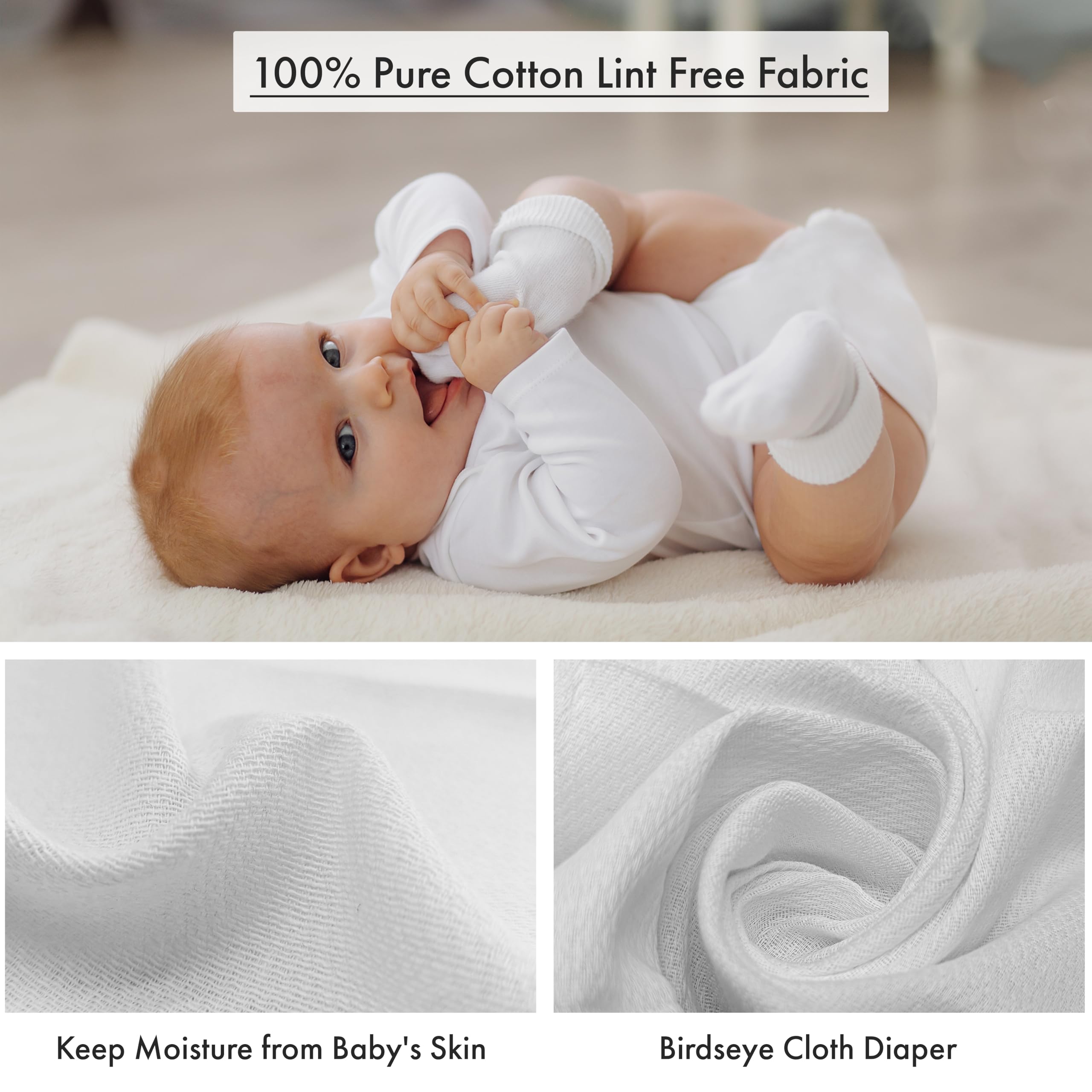 RUVANTI birdseye-diapers-closeup-weave highlights soft, highly absorbent cotton weave for gentle baby care.