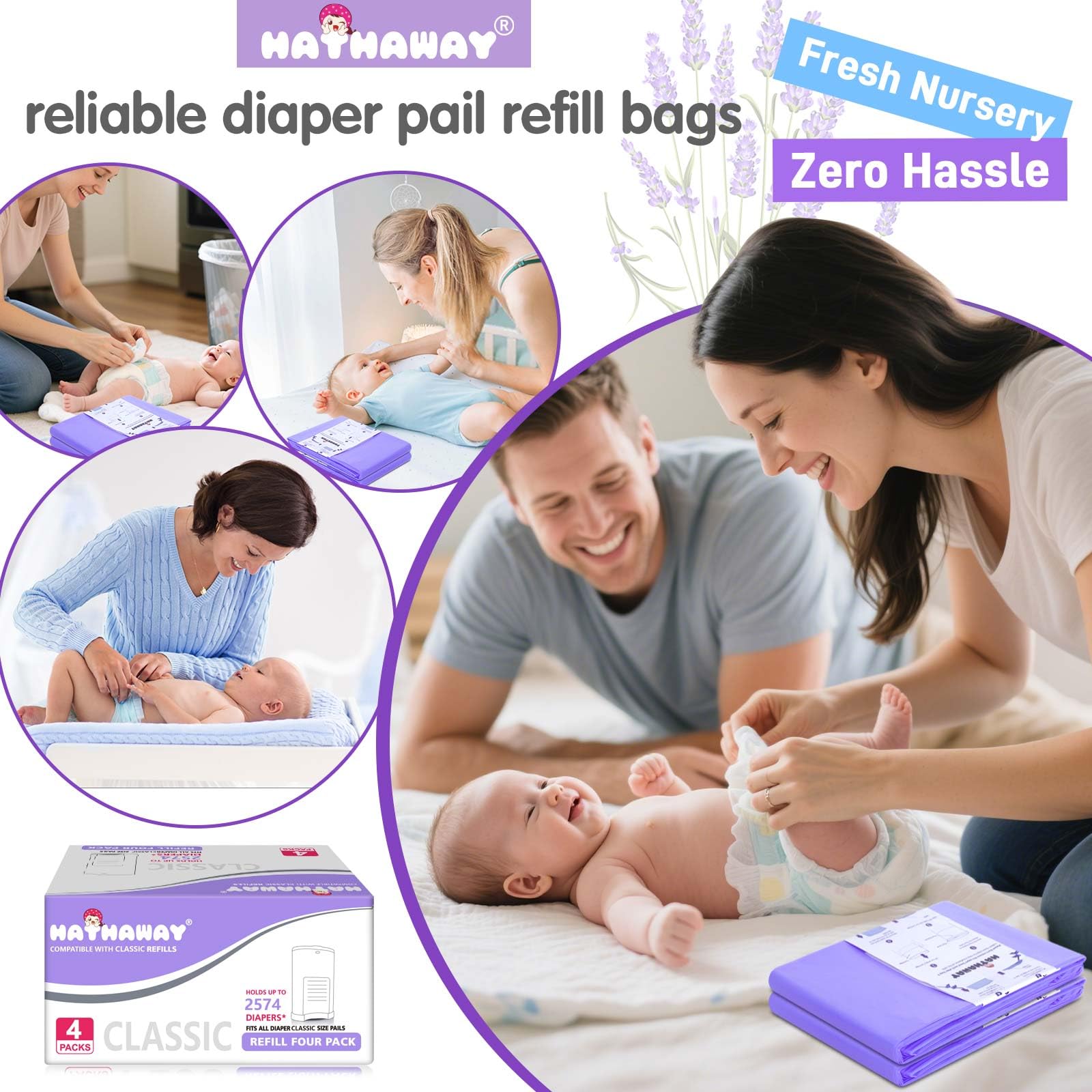 RUZAKO diaper-pail-capacity image shows up to 2,574 newborn diapers per box
