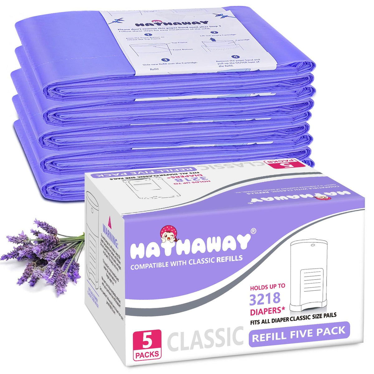 RUZAKO diaper pail refill lavender scented packaging showcases long-lasting freshness for busy nurseries