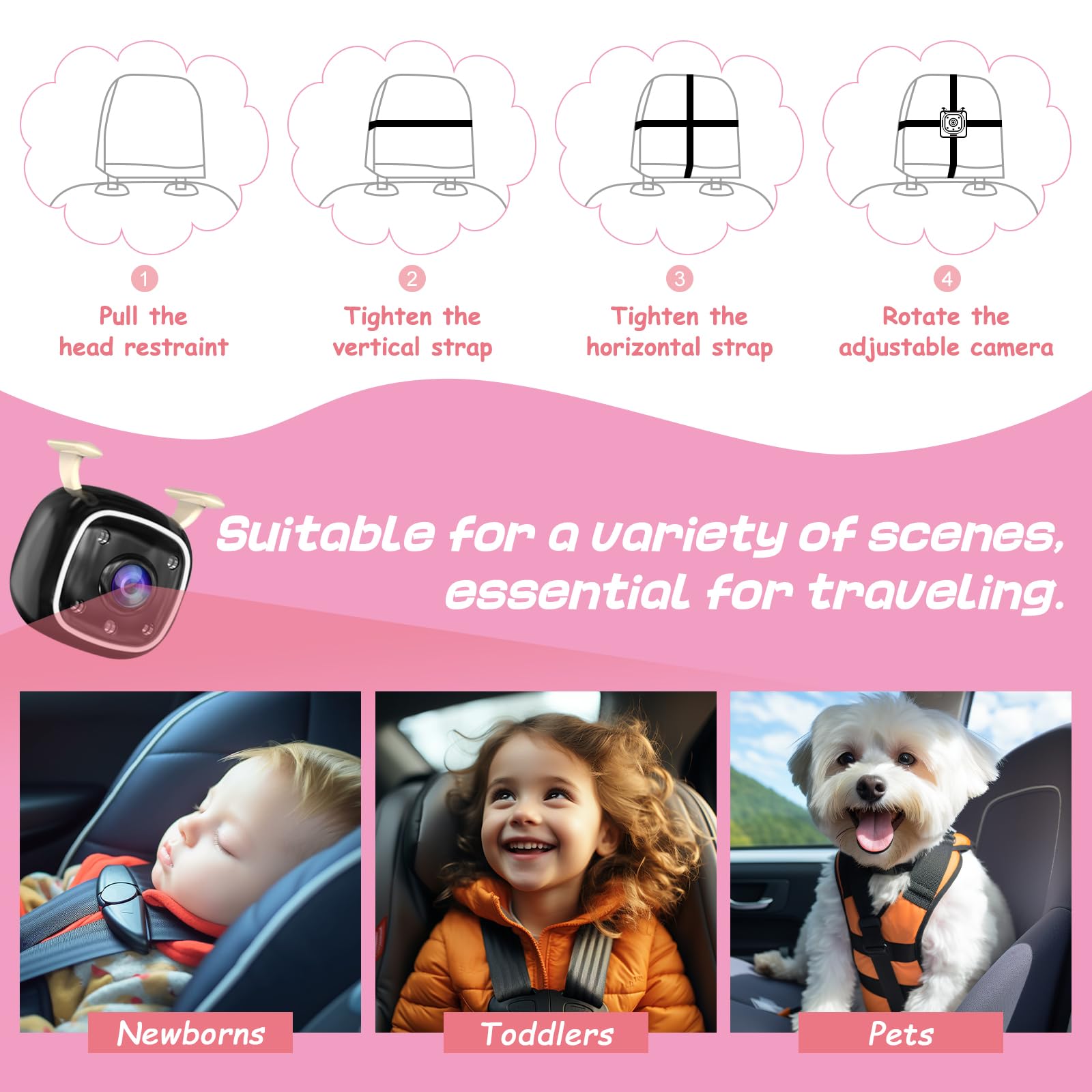 RVGoNow 360° adjustable viewing angle helps you tailor the view for different car seats