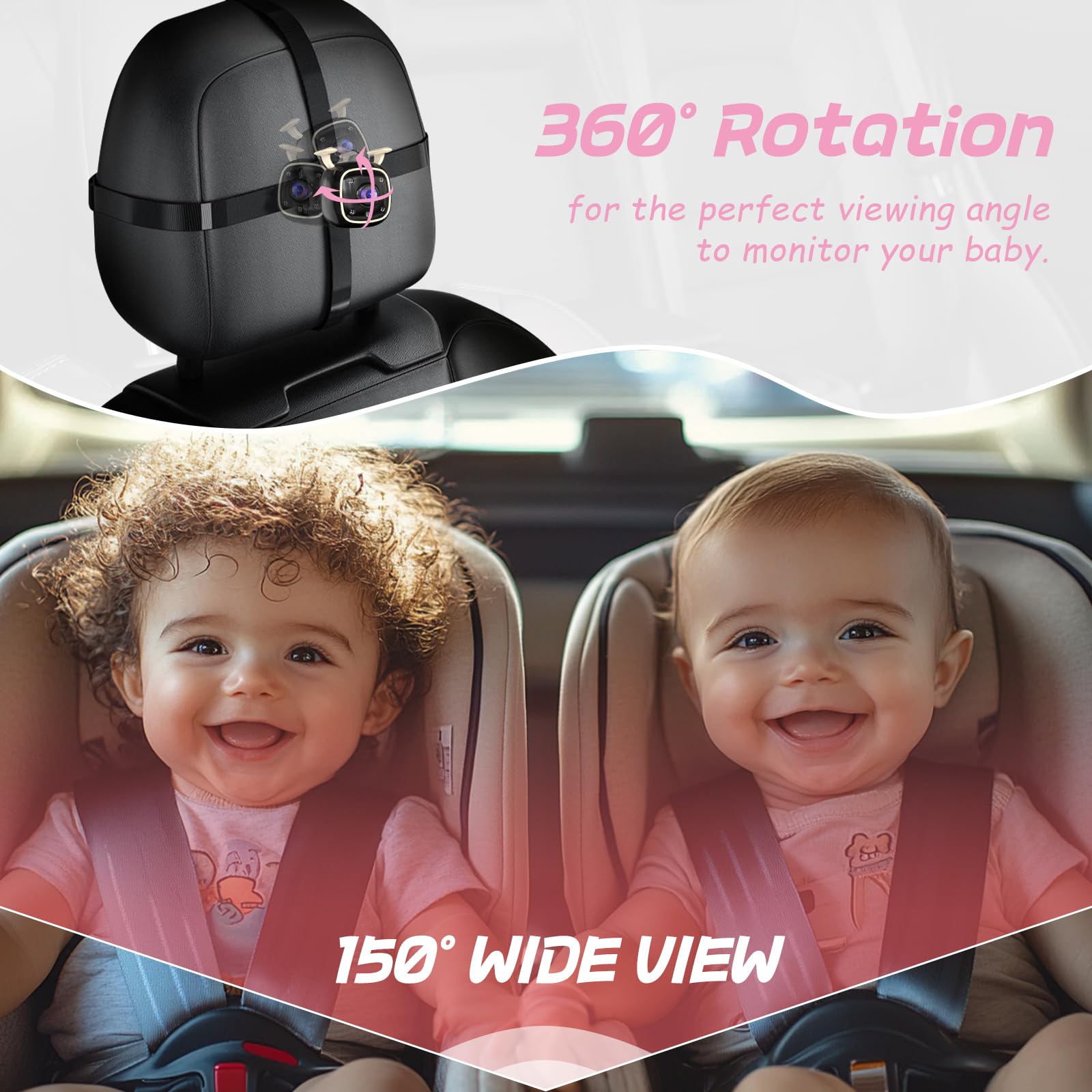 RVGoNow ultra-wide-angle 150° view captures entire back seat for comprehensive monitoring