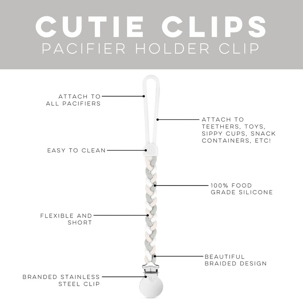Ryan & Rose Cutie Clip Braiden silicone teether-attach demonstrates versatile attachment to teethers and toys.