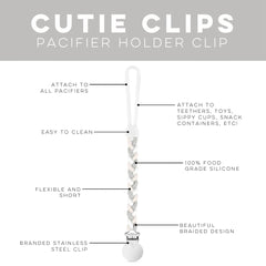 Ryan & Rose Cutie Clip Braiden silicone teether-attach demonstrates versatile attachment to teethers and toys.