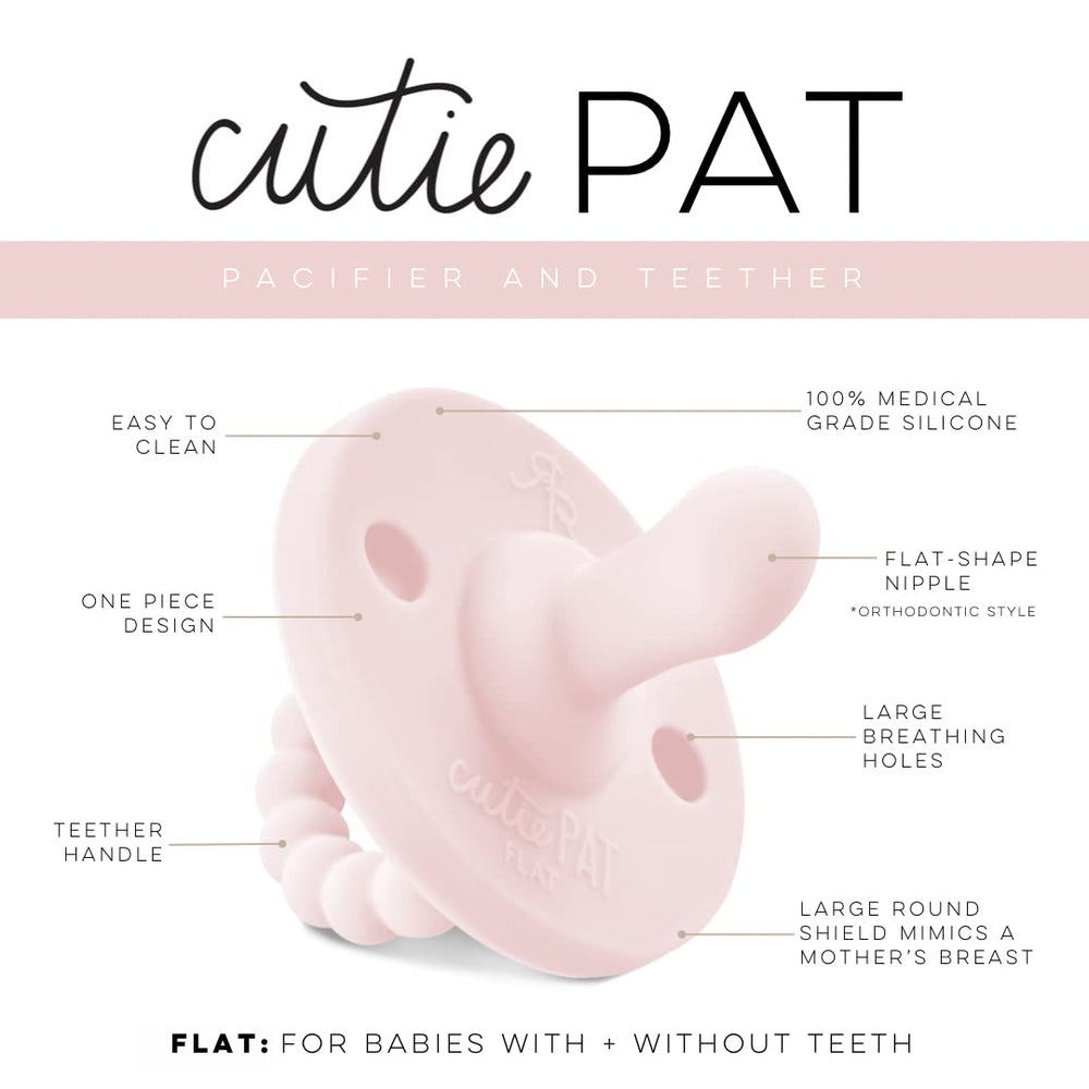 Closeup of Ryan & Rose Cutie PAT pacifier and teether for soothing gums.