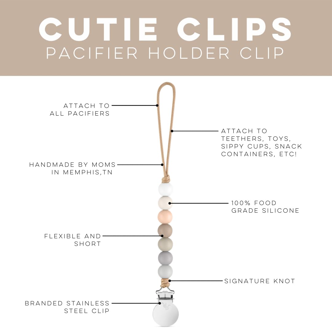 Georgia pacifier clip knows knots and silicone beads illustrate durable Cutie Clip construction for teether use.