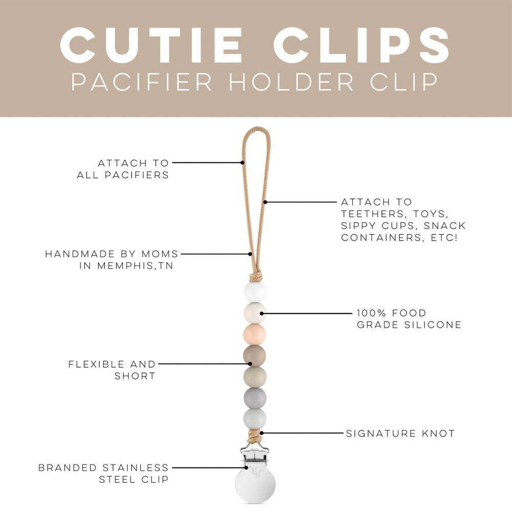 Georgia pacifier clip knows knots and silicone beads illustrate durable Cutie Clip construction for teether use.