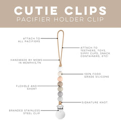 Georgia pacifier clip knows knots and silicone beads illustrate durable Cutie Clip construction for teether use.