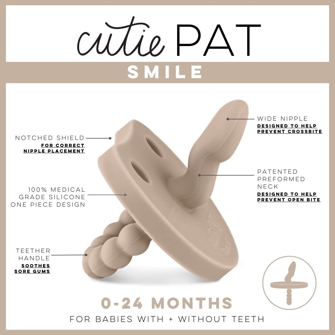 Ryan & Rose Cutie PAT Smile Dune pacifier in mouth shot supports natural oral development