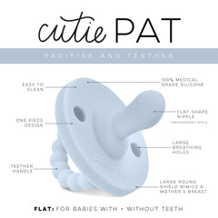 Ryan & Rose Cutie PAT Flat Blue teether image highlighting safe silicone material for soothing gums.