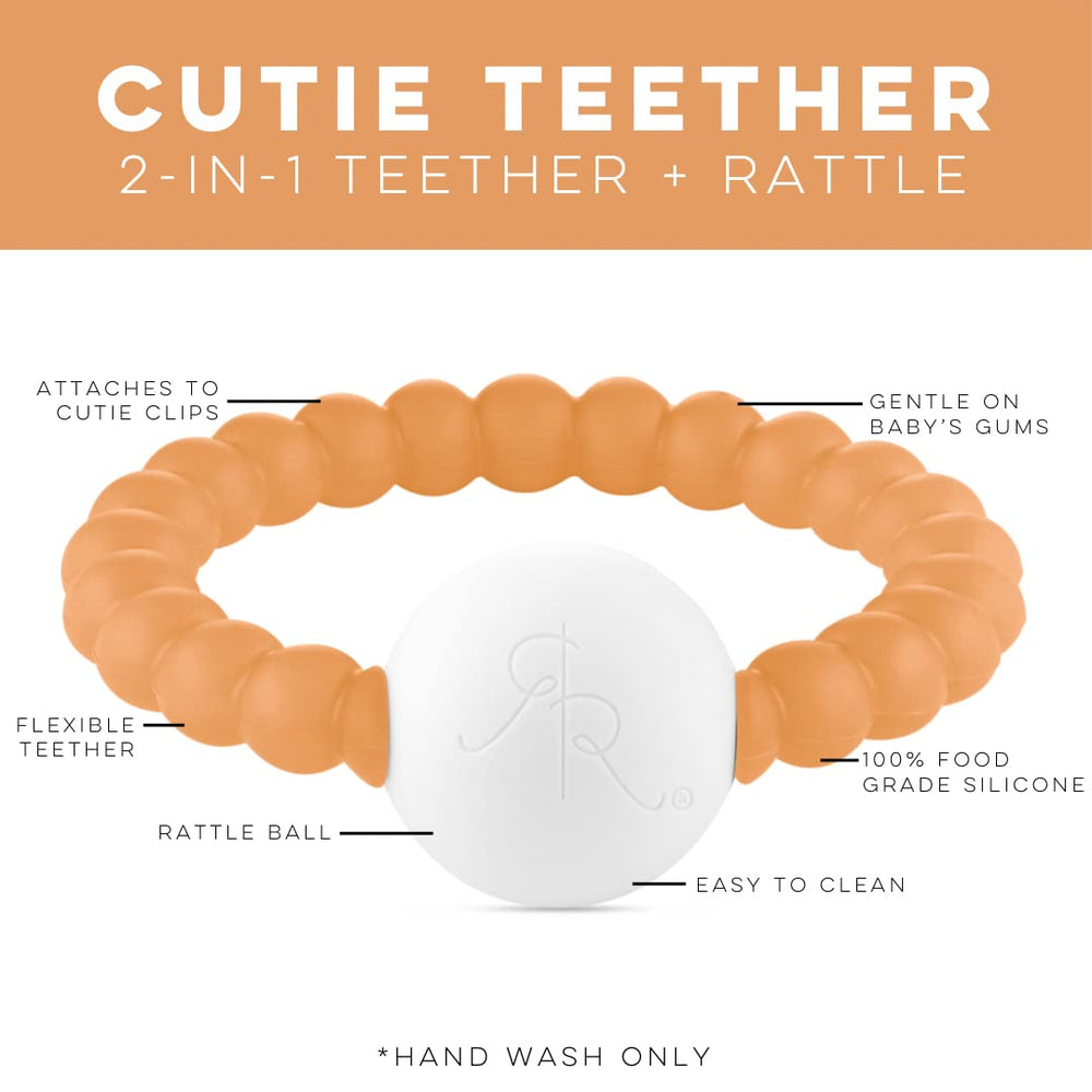 Ryan & Rose Cutie Teether Rattle close-up highlights BPA-free silicone and durability