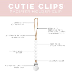 Ryan & Rose Georgia pacifier clip on baby demonstrates secure metal clip attachment.