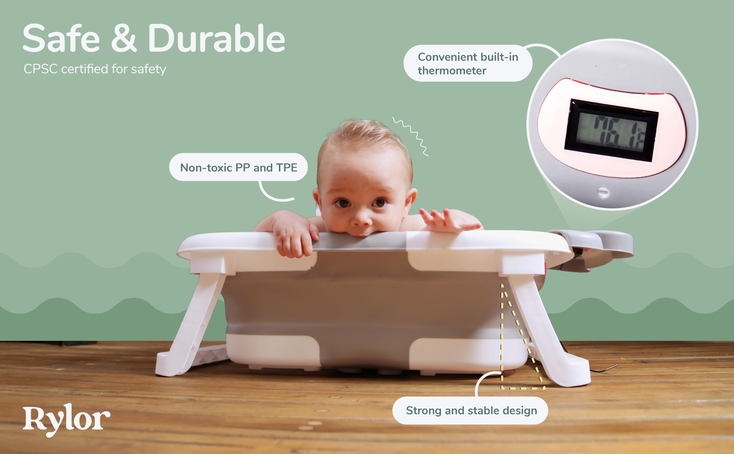 Rylor baby bathtub non-slip base keeps infant secure during bath time.