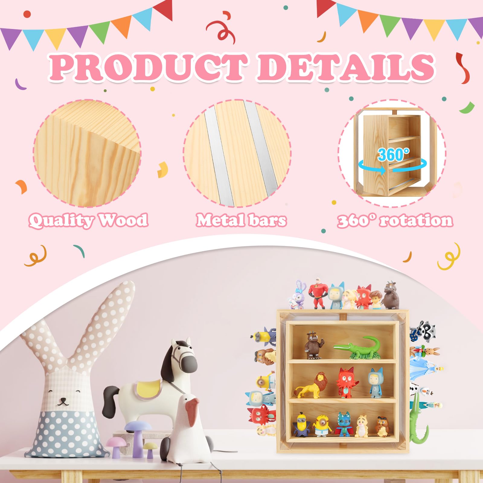 RZYLKA Tonies rotating shelf capacity display shows 20+ figures organized