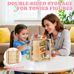 RZYLKA Tonies rotating shelf magnetic plates closeup demonstrates secure upright holds figures