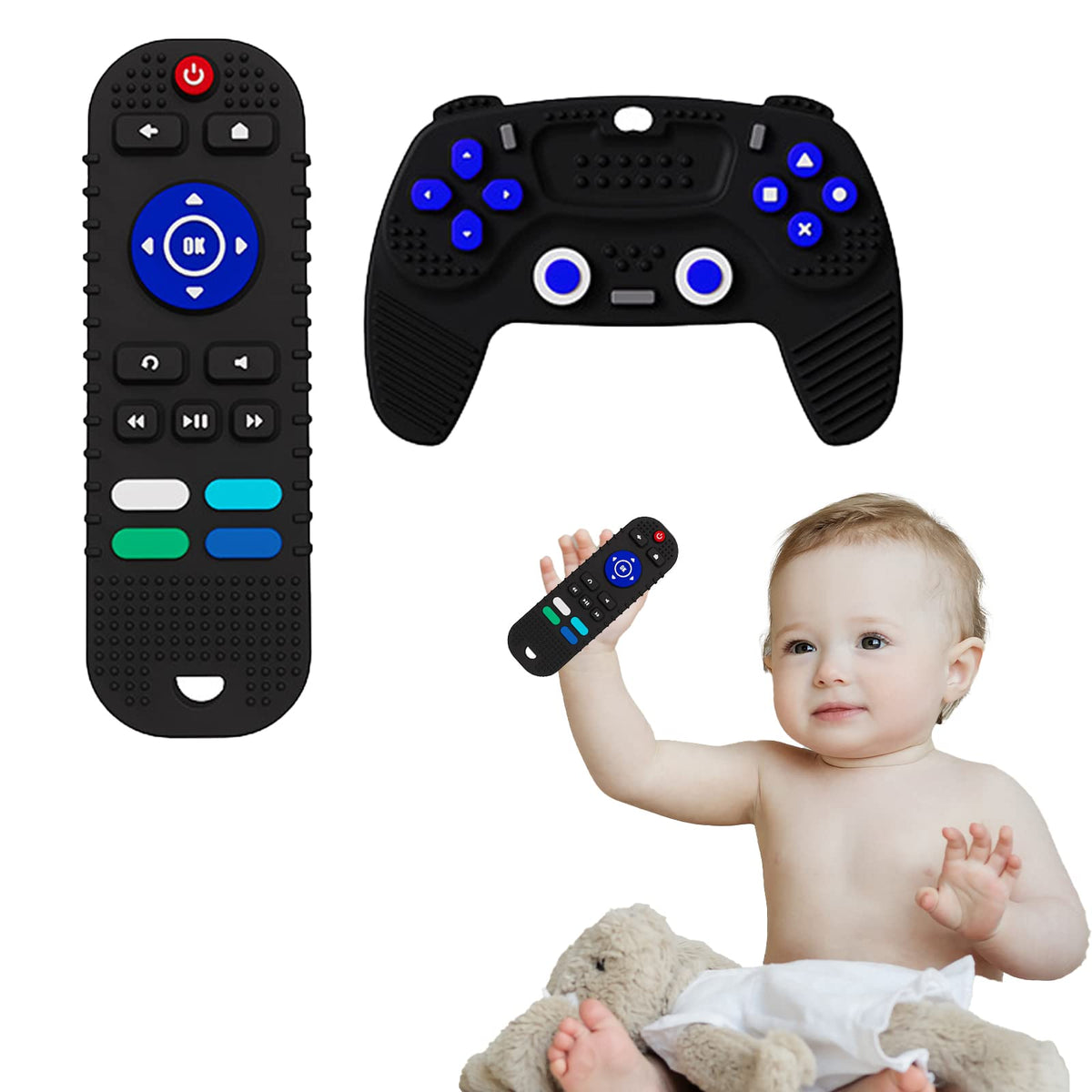 S-SNAIL-OO 2Pack remote teether closeup shows safe silicone for teething soothing.