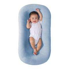 Saanerueen baby lounger blue cover closeup with soft, breathable fabric.