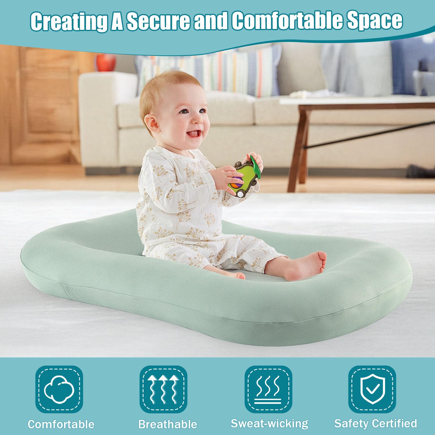 Saanerueen baby lounger green fabric closeup shows skin friendly texture and breathability.