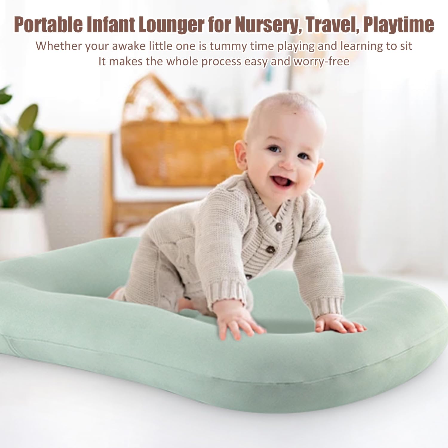 Saanerueen baby lounger green soft cushion detail for cozy comfort.