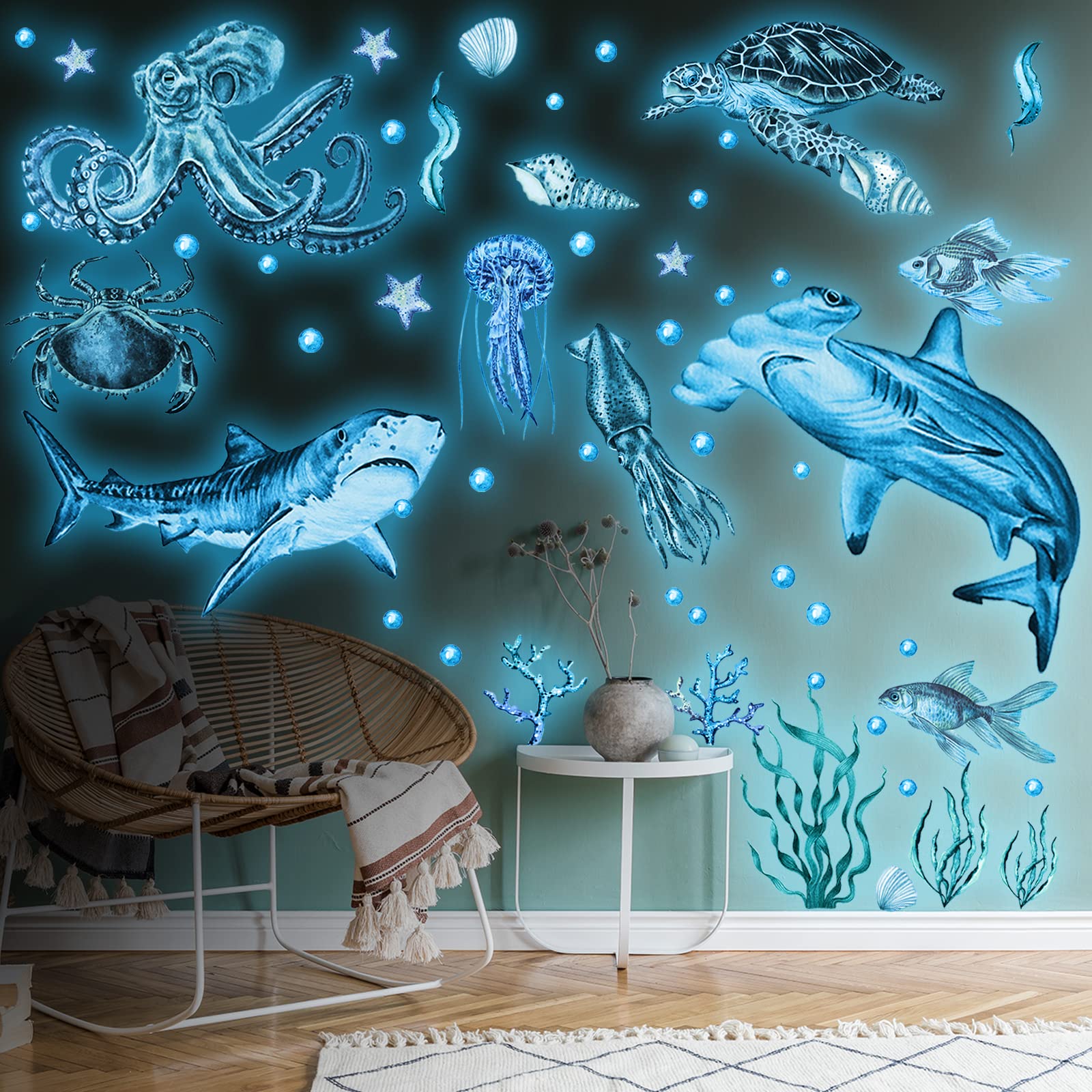 Sabary glow ocean wall decals room application easy stick and glow