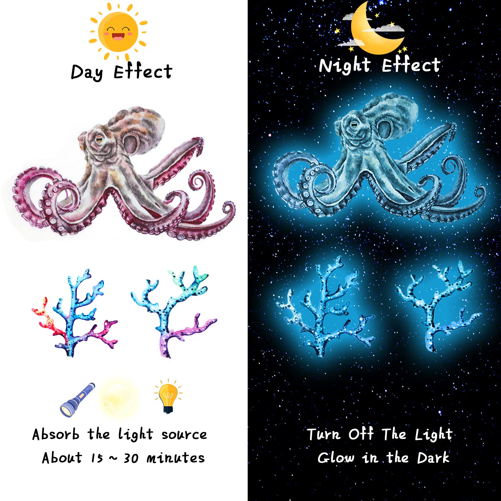 Sabary glow ocean wall decals seaweed octopus add decorative texture