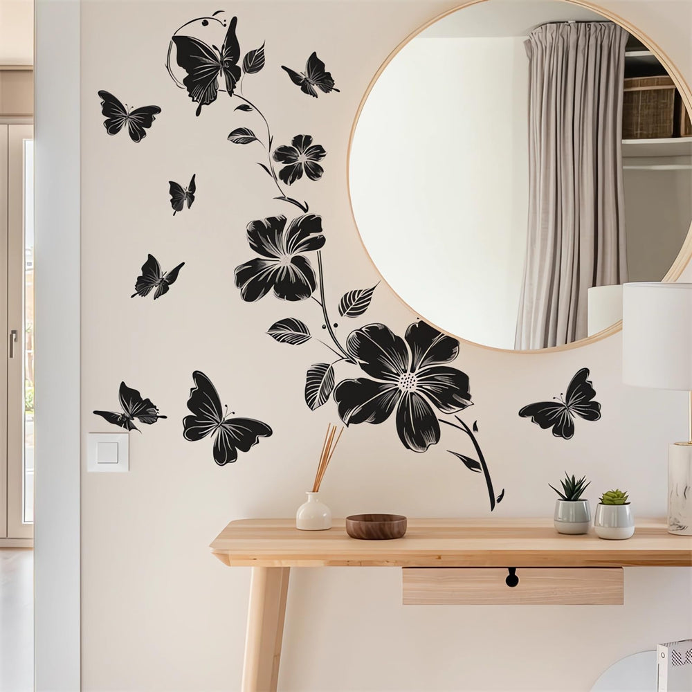 Sacinora black flower butterfly vine wall sticker for living room decor with easy application.