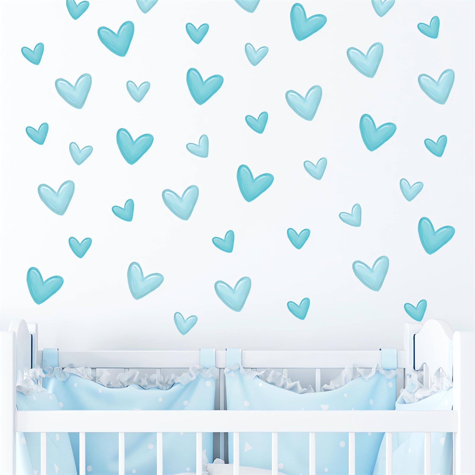 Sacinora blue love heart stickers provide playful nursery decor.