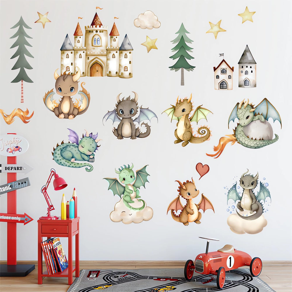 sacinora cute dinosaur cub wall sticker - cartoon castle scene for kids' bedroom
