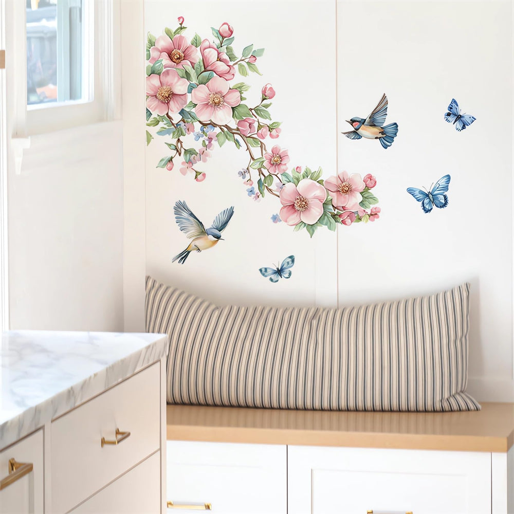 Sacinora peach blossom branch wall sticker bedroom setup promoting a calming, stylish vibe.