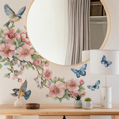 Sacinora peach blossom branch wall sticker nursery scene with birds and butterflies for playful decor.