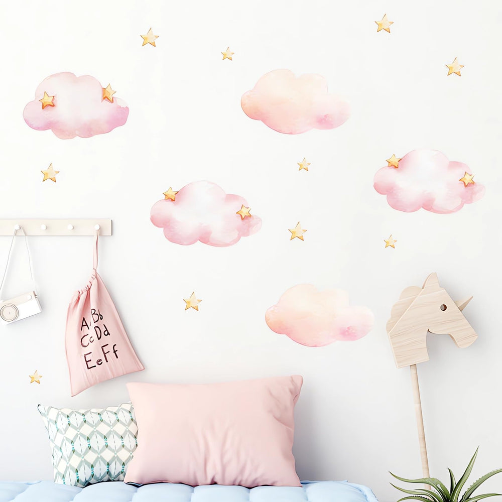 Sacinora Pink Clouds and Stars wall sticker for nursery decor and easy application.