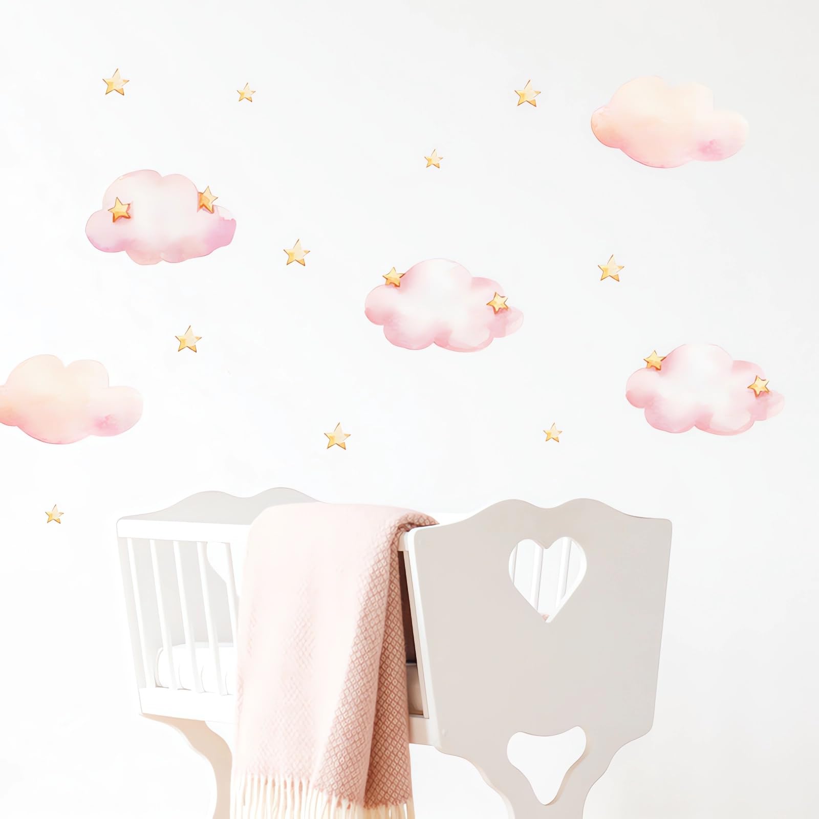 Sacinora Pink Clouds and Stars wall decals create playful playroom ambiance, quick to apply.