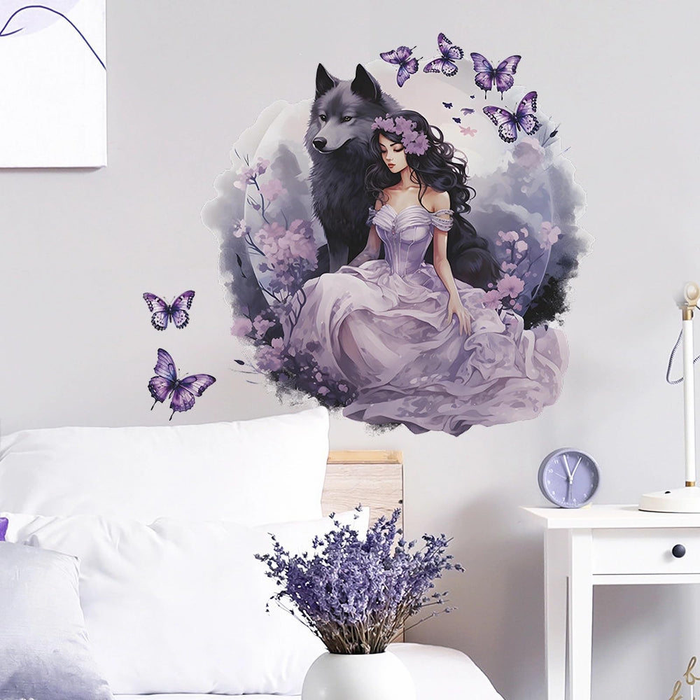 Sacinora purple wolf girl butterfly wall sticker on smooth surface, easy repositioning for nursery decor.