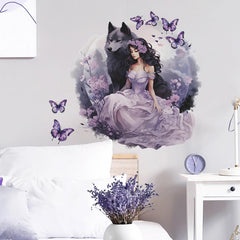 Sacinora purple wolf girl butterfly wall sticker on smooth surface, easy repositioning for nursery decor.