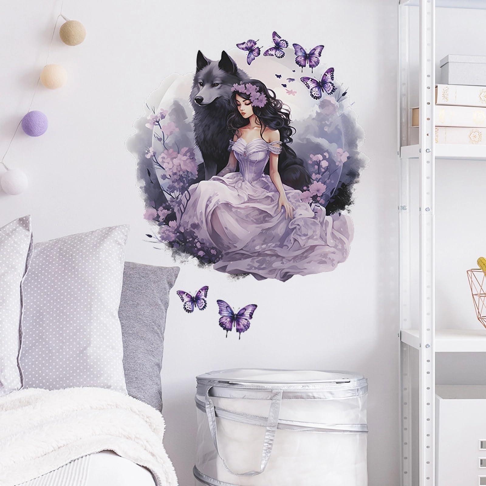 Sacinora purple wolf girl butterfly wall sticker shown on cabinet, showcasing removable and reusable design.