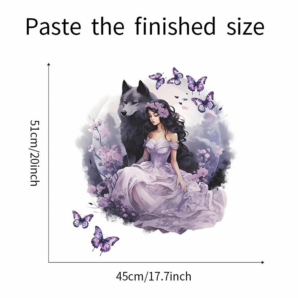Sacinora purple wolf girl butterfly wall sticker with vibrant hues for playful learning spaces.