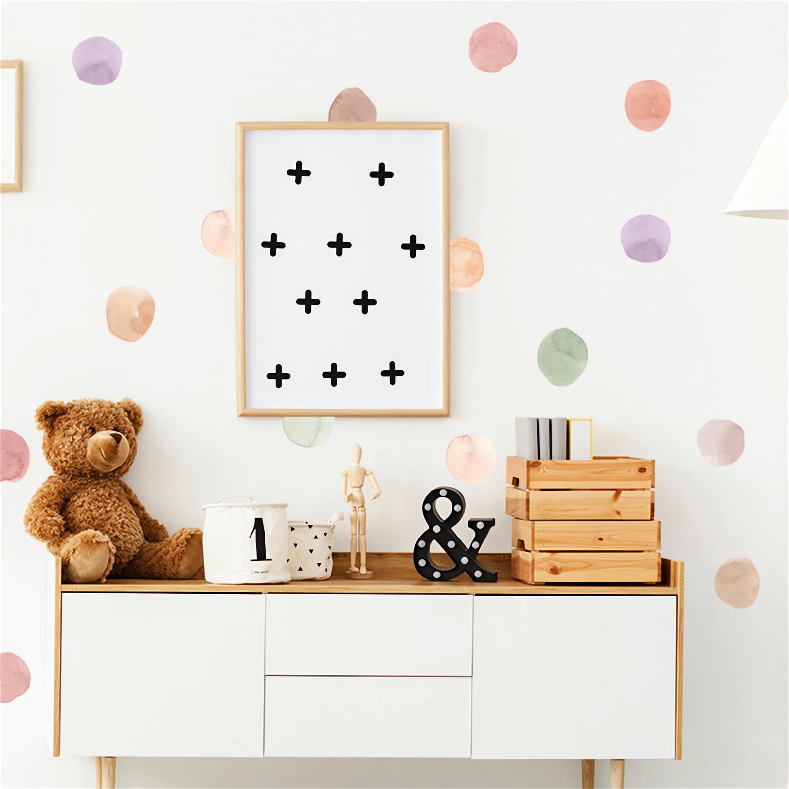Sacinora nursery/kid room closeup shows circle rainbow art for playroom mood.