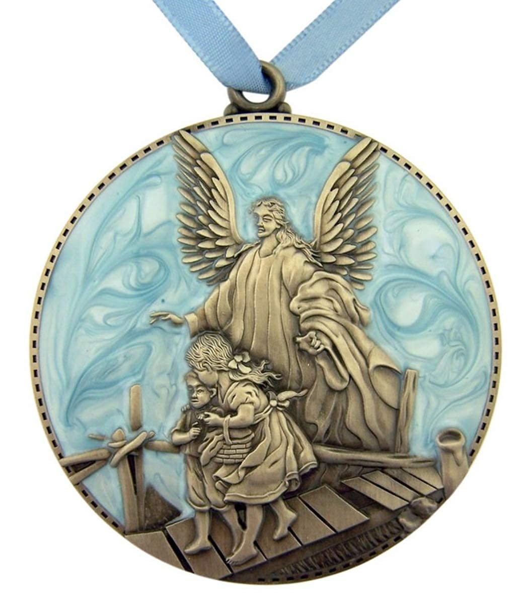 Sacred Traditions crib medal featuring a blue guardian angel for nursery decor and gentle reassurance.