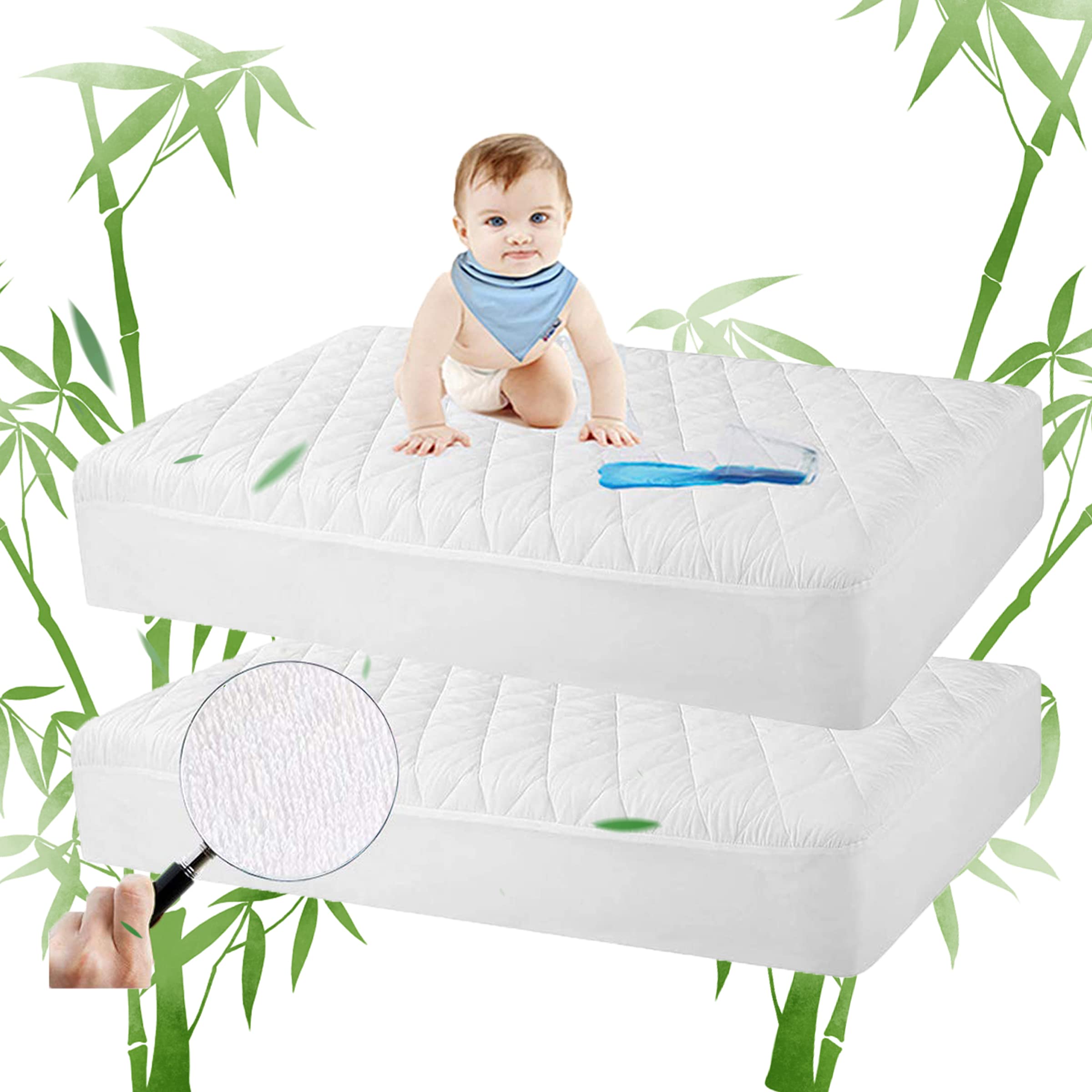 Safe and Sound bamboo crib pad with waterproof backing protects against leaks quietly.