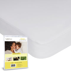 SafeRest crib mattress protector folded neatly for compact storage and quick setup