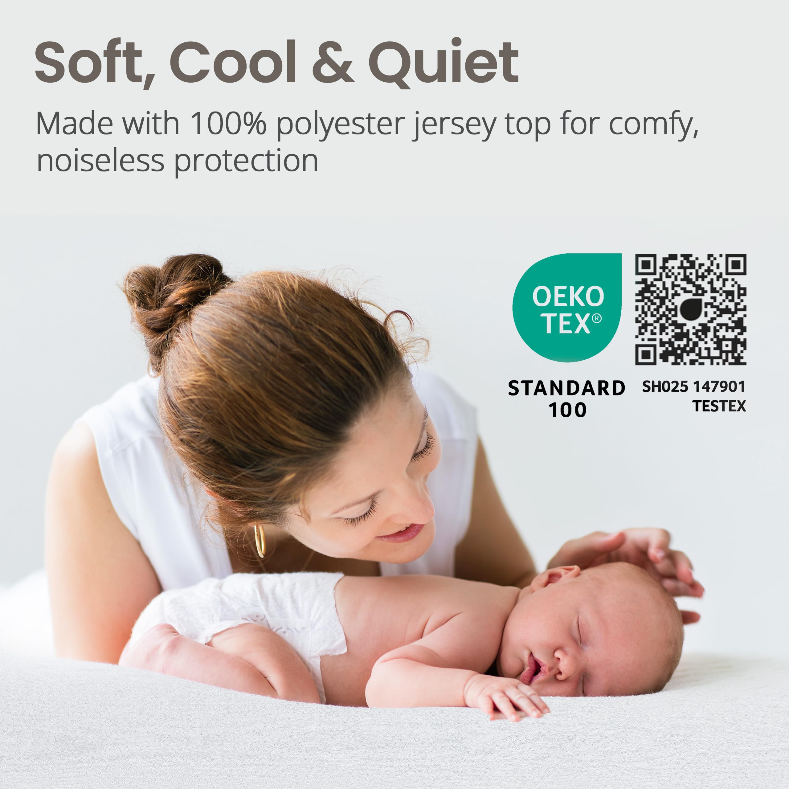 SafeRest crib protector in use on baby mattress shows stretch pockets for snug fit