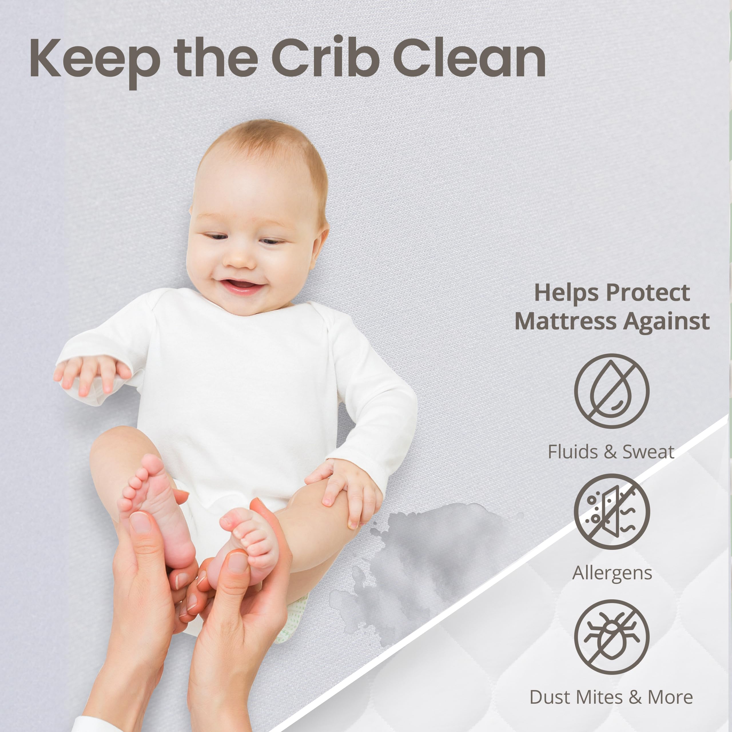 SafeRest crib mattress protector stretch-fit demonstrates secure fit on standard crib mattresses