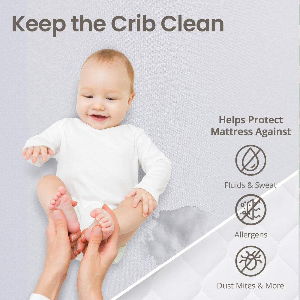 SafeRest crib mattress protector stretch-fit demonstrates secure fit on standard crib mattresses