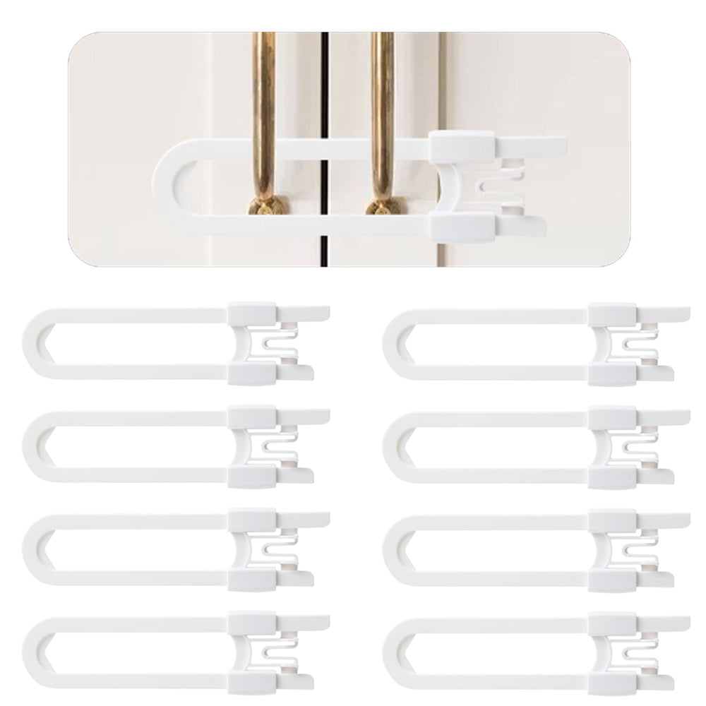 Safeasy 8-pack sliding cabinet locks on a kitchen cabinet for child safety.