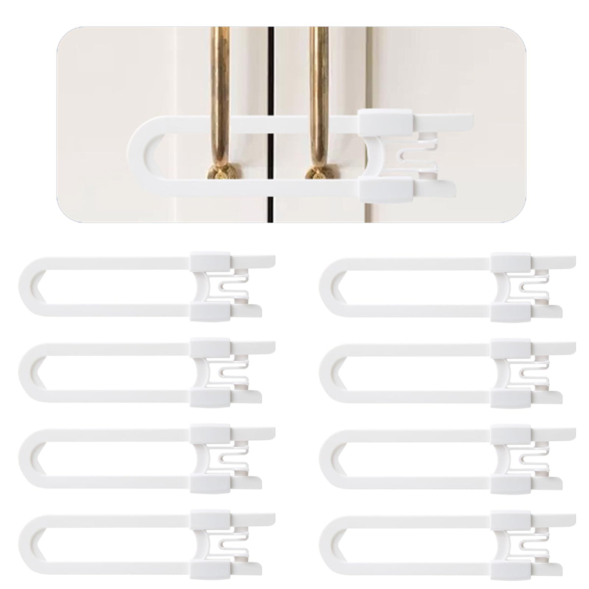 Safeasy 8-pack sliding cabinet locks on a kitchen cabinet for child safety.