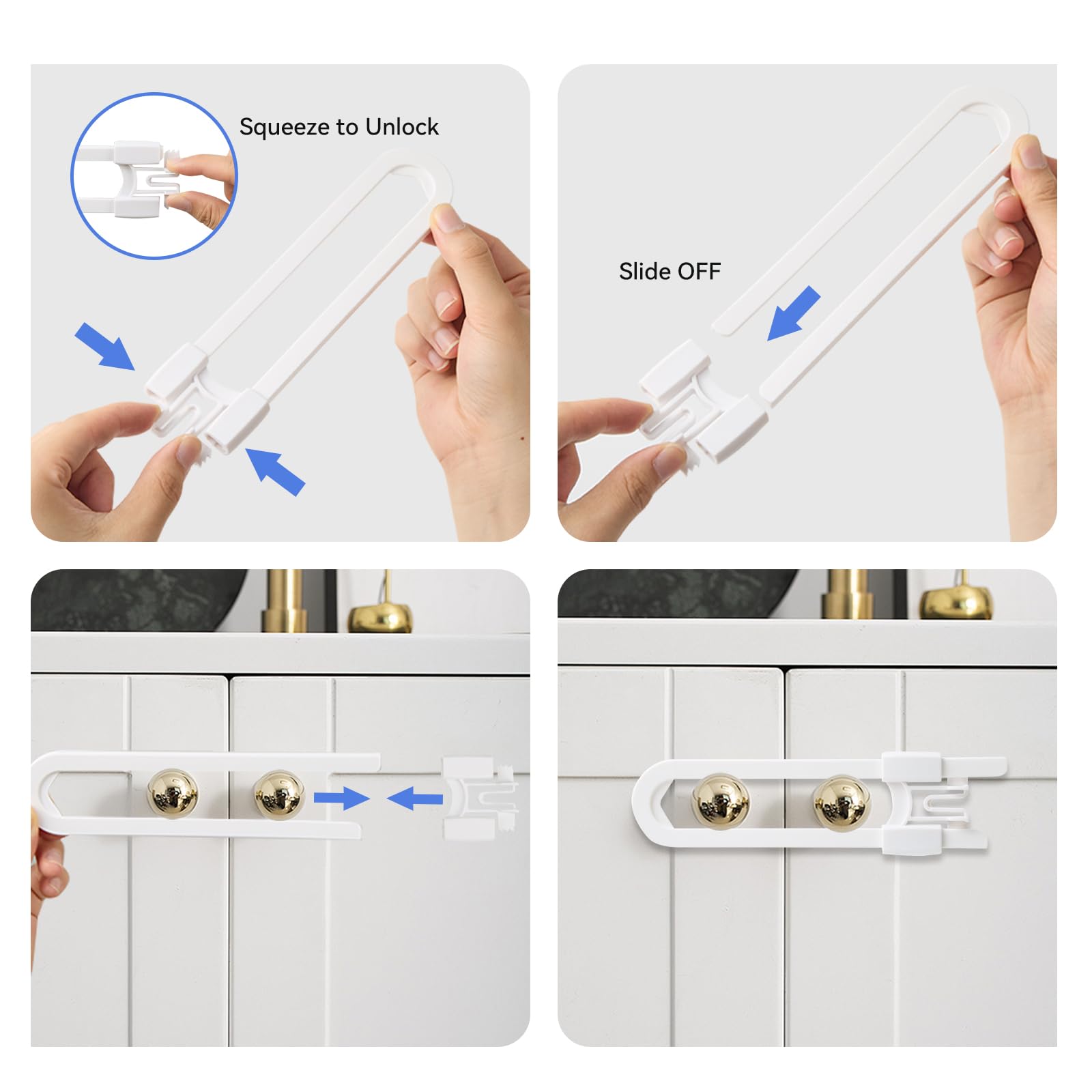 Safeasy dual-button childproof locks require adult pressure to open.