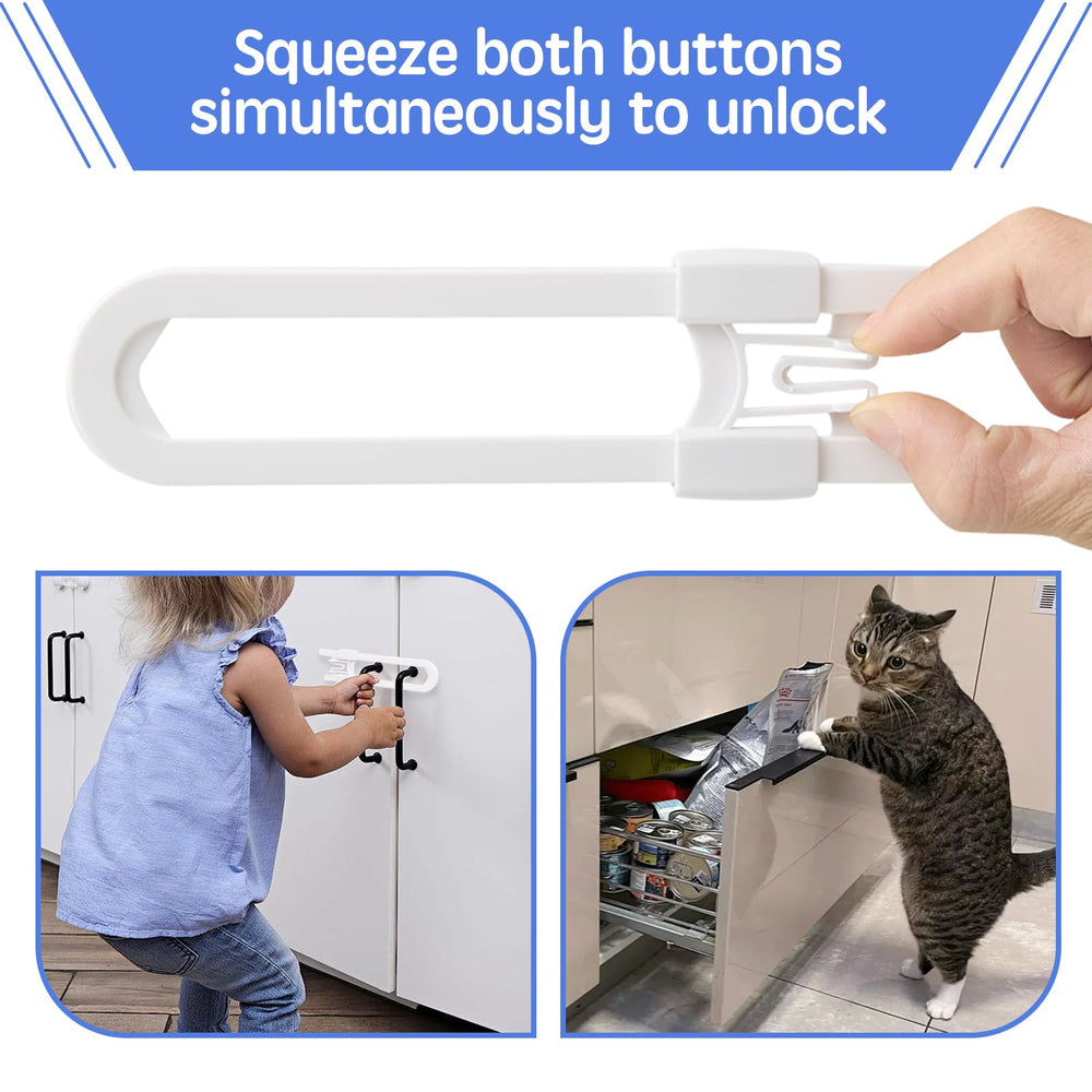 Safeasy white cabinet locks secure doors and drawers from curious toddlers.